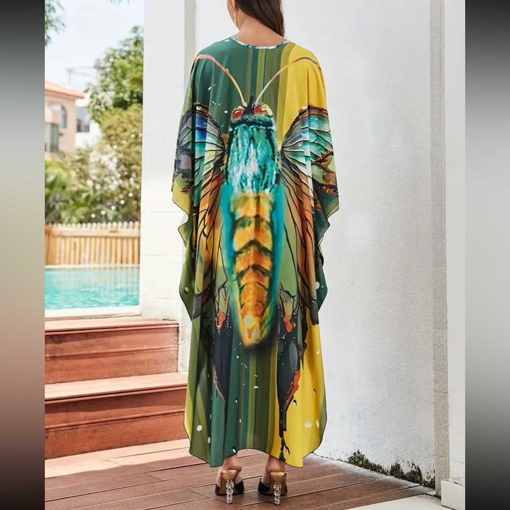 CELEBRATE YELLOW DRAGNFLY MIX BOHO S-4XL LOUNGE COVERUP ROBE RESORT DRES… - Picture 7 of 8